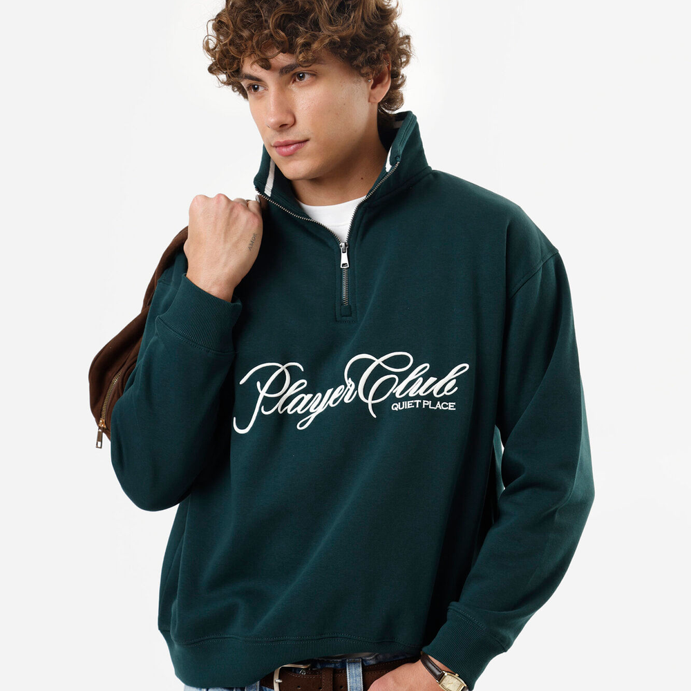 Blusão masculino de moletom felpado com gola bordado verde Blusão masculino de moletom felpado com gola bordado verde
