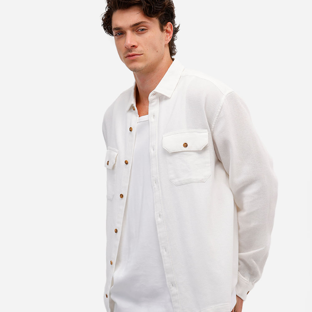 Camisa masculina de algodão manga longa texturizada off white Camisa masculina de algodão manga longa texturizada off white
