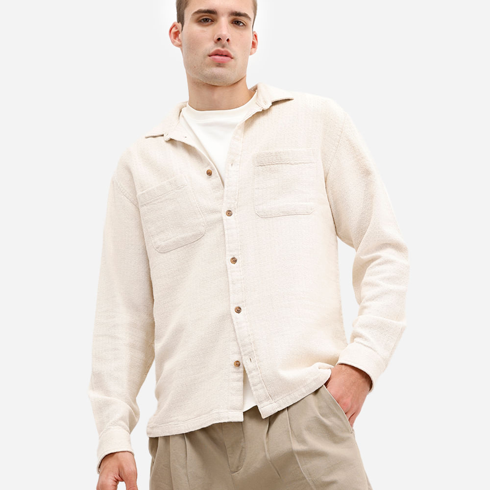 Camisa comfort masculina manga longa texturizada bege Camisa comfort masculina manga longa texturizada bege
