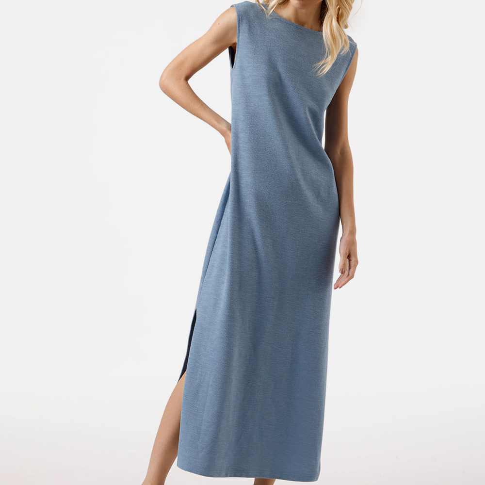 Vestido longo feminino de algodão com fendas azul Vestido longo feminino de algodão com fendas azul