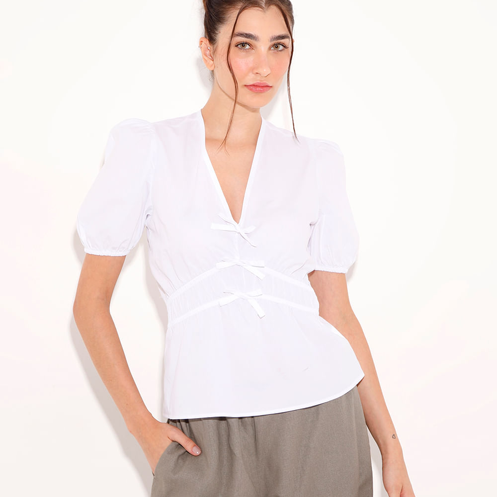 Blusa de algodão manga bufante com amarração mindset branca Blusa de algodão manga bufante com amarração mindset branca