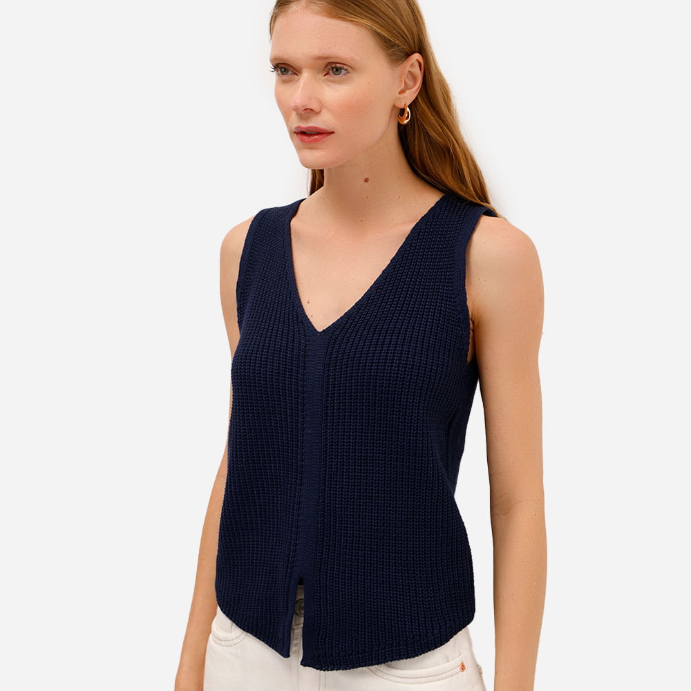 Colete de tricot decote v azul