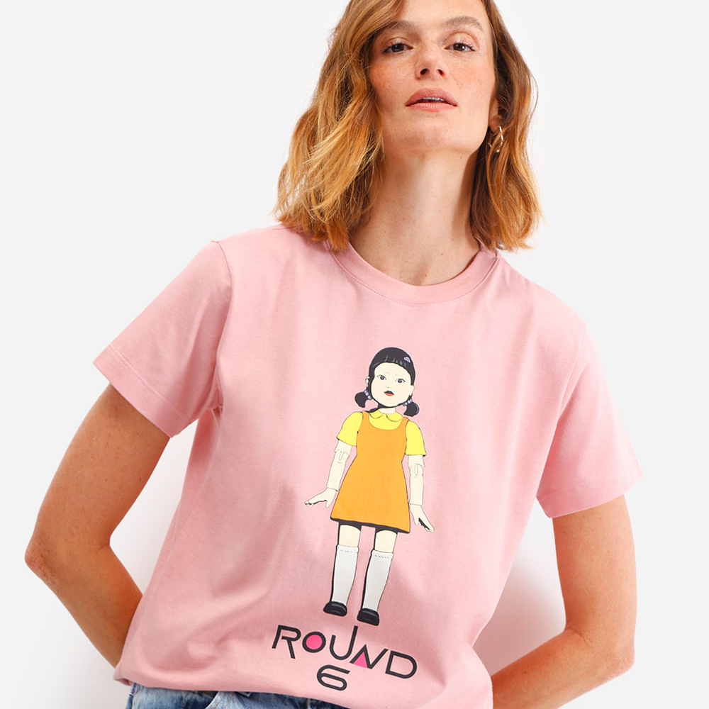 Camiseta feminina de algodão round 6 rosa Camiseta feminina de algodão round 6 rosa