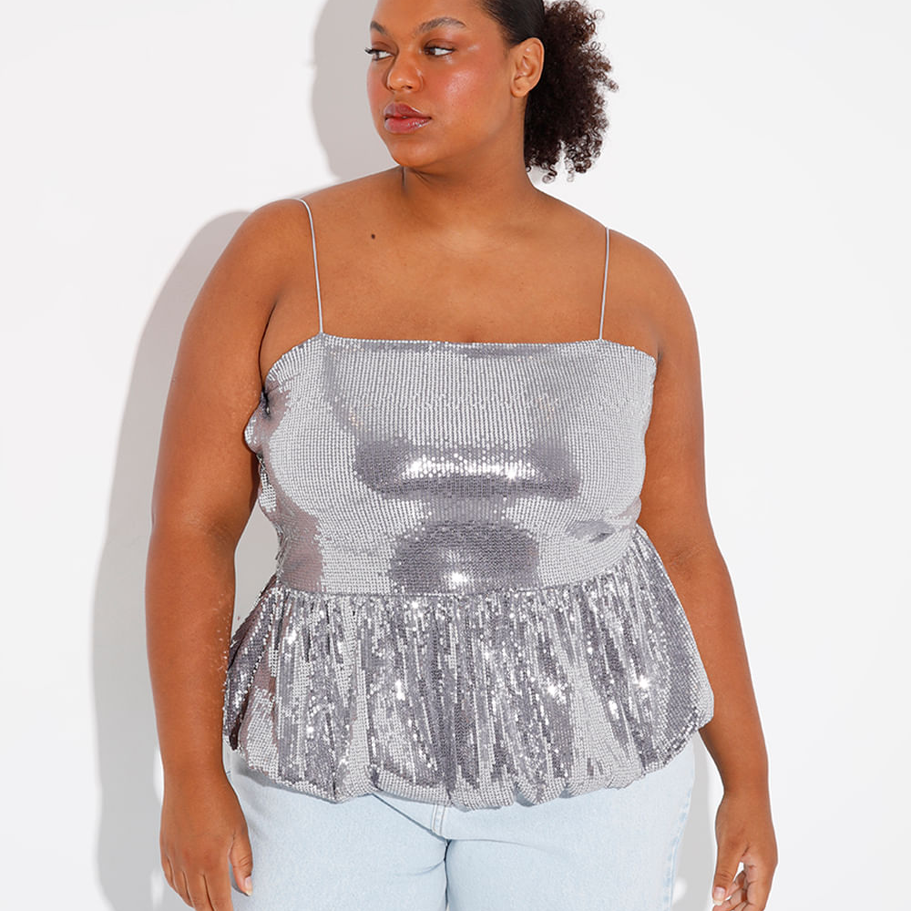 Blusa balonê de paetê plus size mindset prateada Blusa balonê de paetê plus size mindset prateada