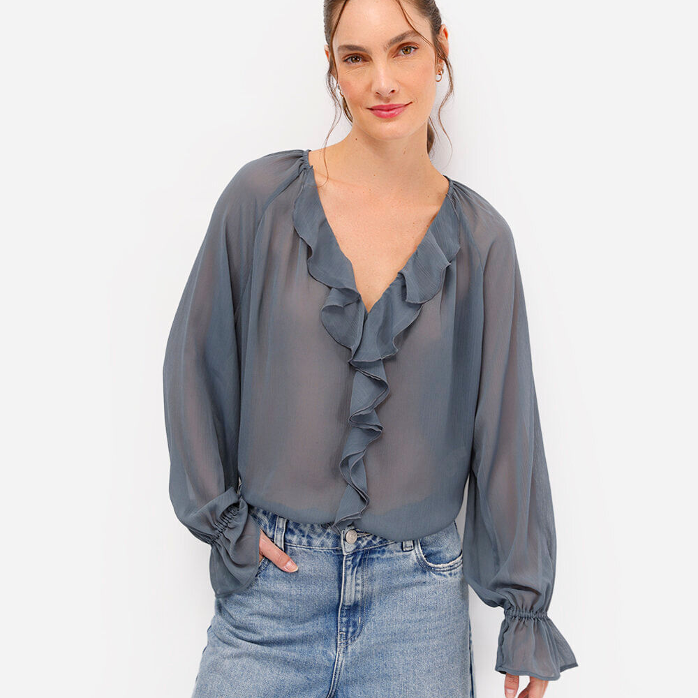 Bata feminina com babados texturizada azul Bata feminina com babados texturizada azul