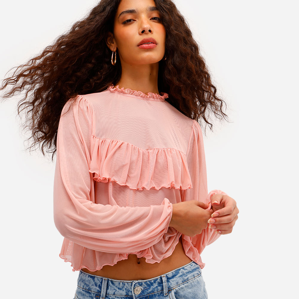 Bata feminina de tule manga bufante com babados rosa Bata feminina de tule manga bufante com babados rosa