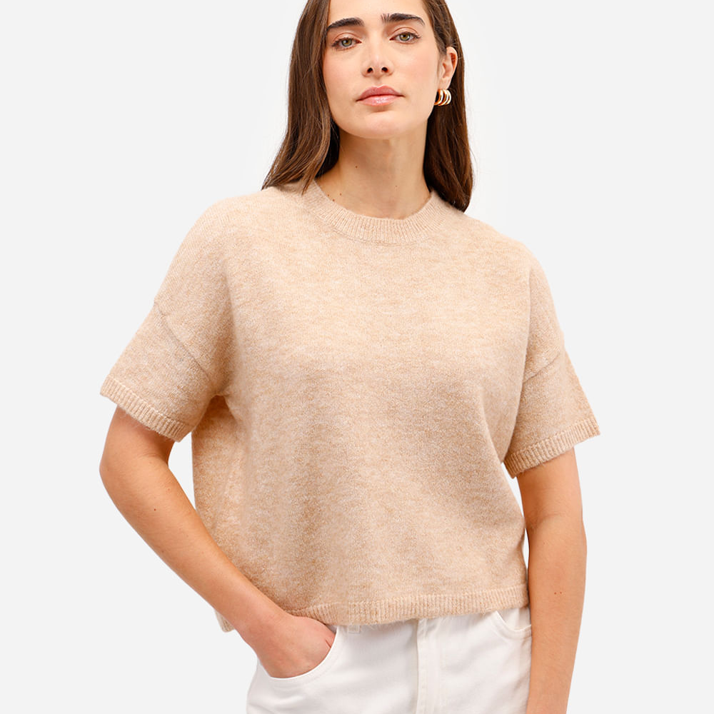Blusa feminina de tricot com lã manga curta bege Blusa feminina de tricot com lã manga curta bege
