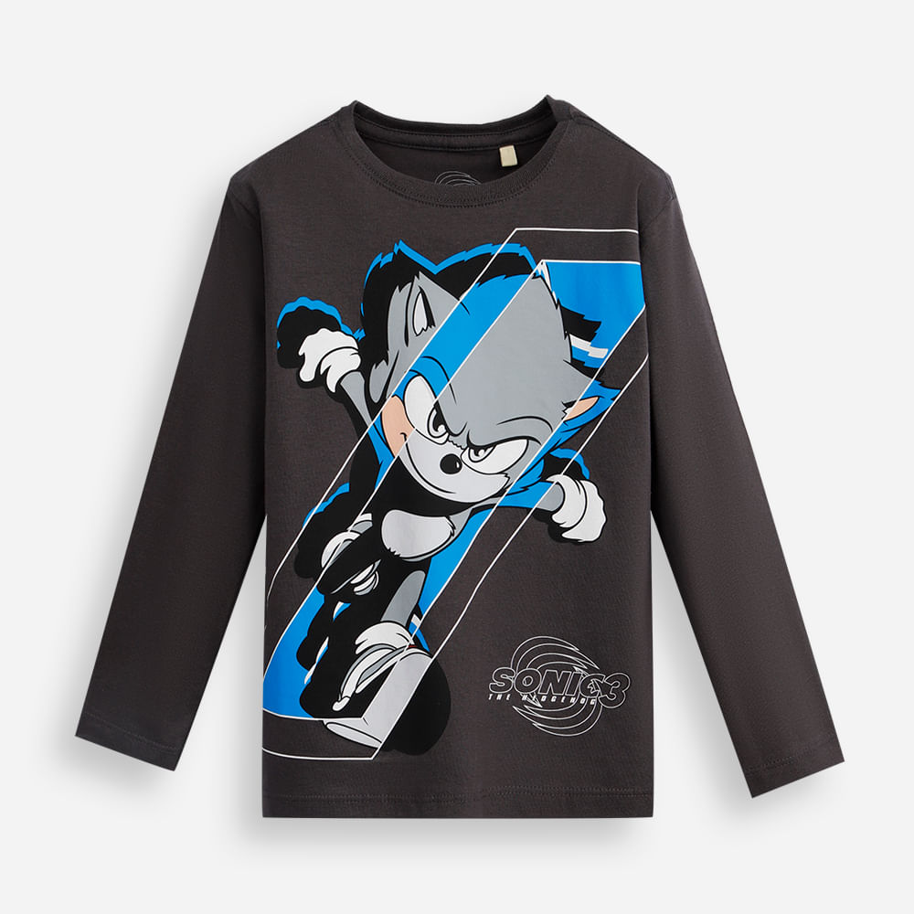 Camiseta infantil de algodão sonic manga longa cinza Camiseta infantil de algodão sonic manga longa cinza