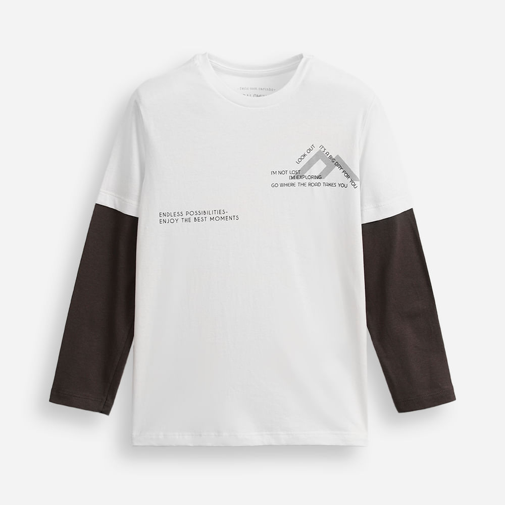 Camiseta infantil manga sobreposta algodão off white Camiseta infantil manga sobreposta algodão off white