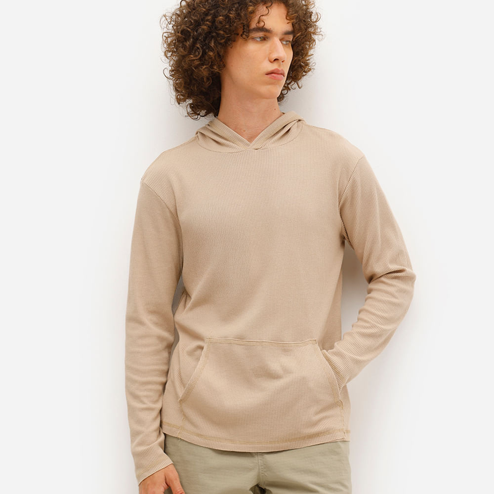 Blusa masculina com capuz texturizada bege