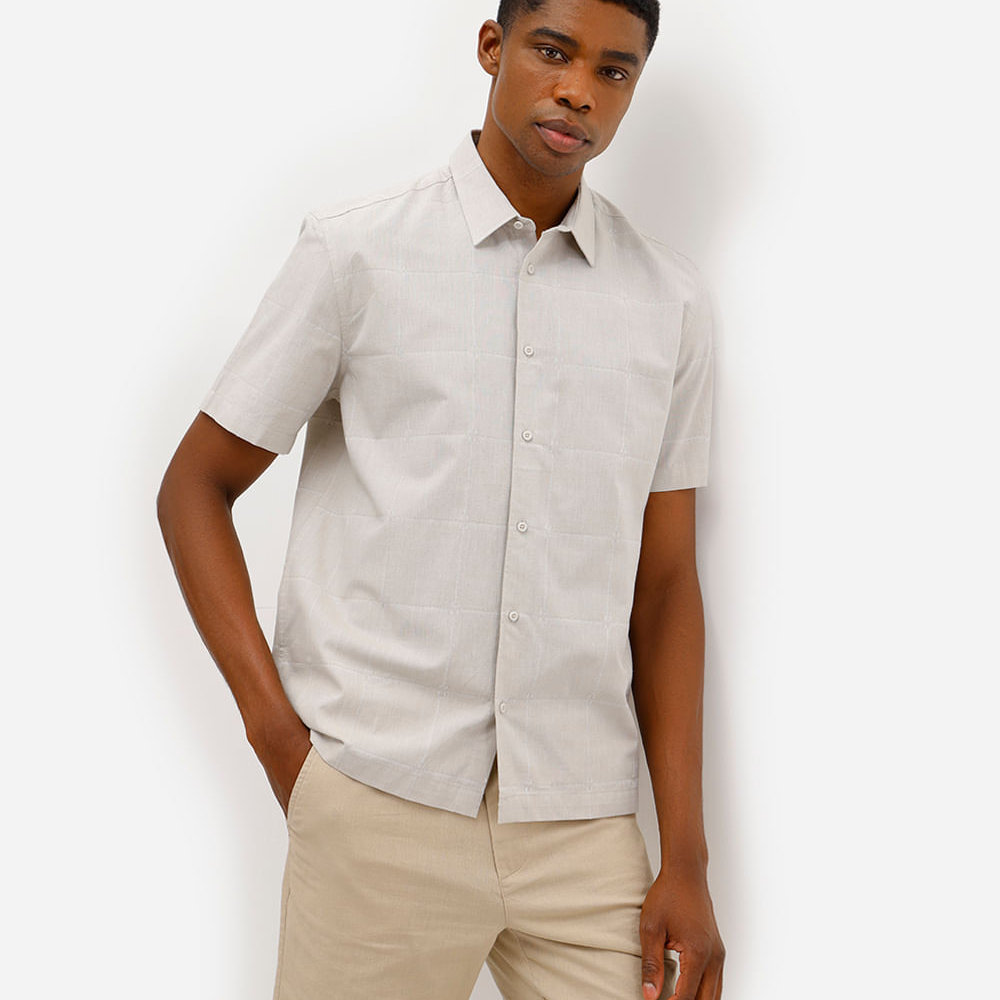 Camisa masculina de algodão manga curta texturizada cinza Camisa masculina de algodão manga curta texturizada cinza