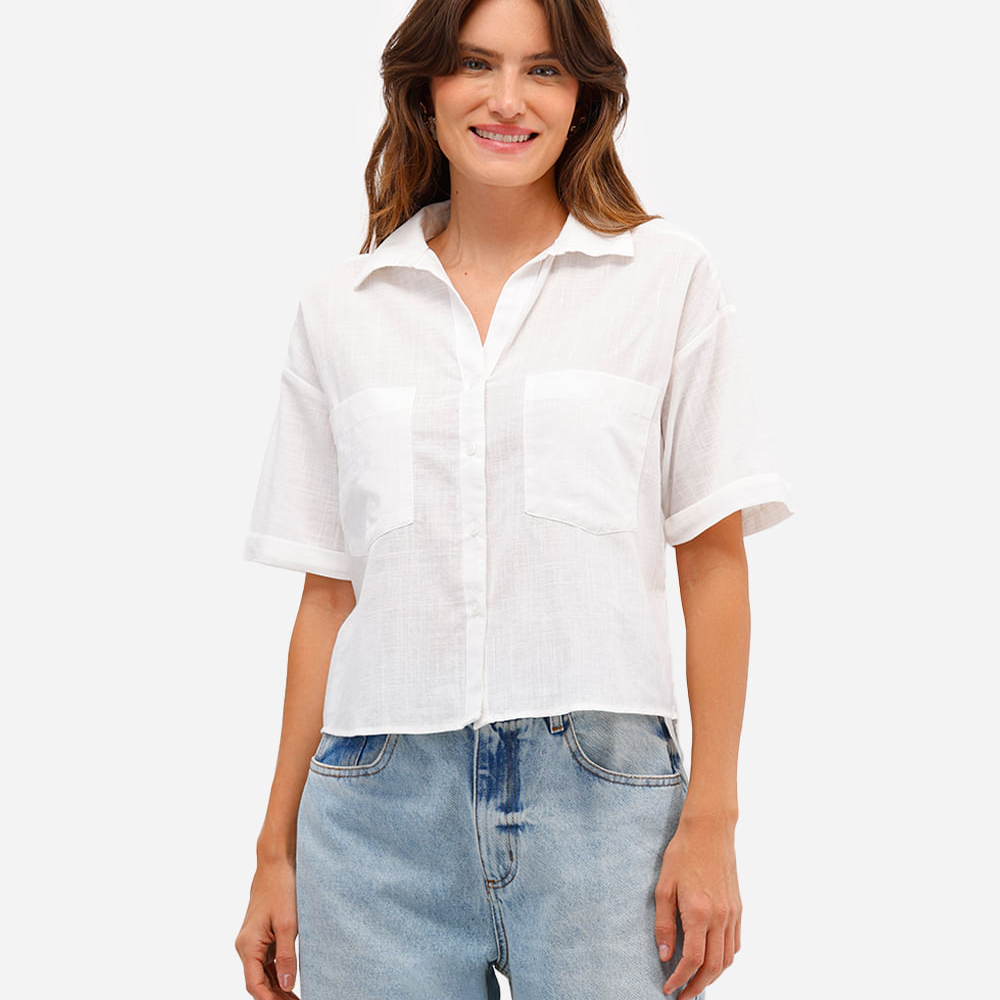Camisa feminina de algodão manga curta off white Camisa feminina de algodão manga curta off white