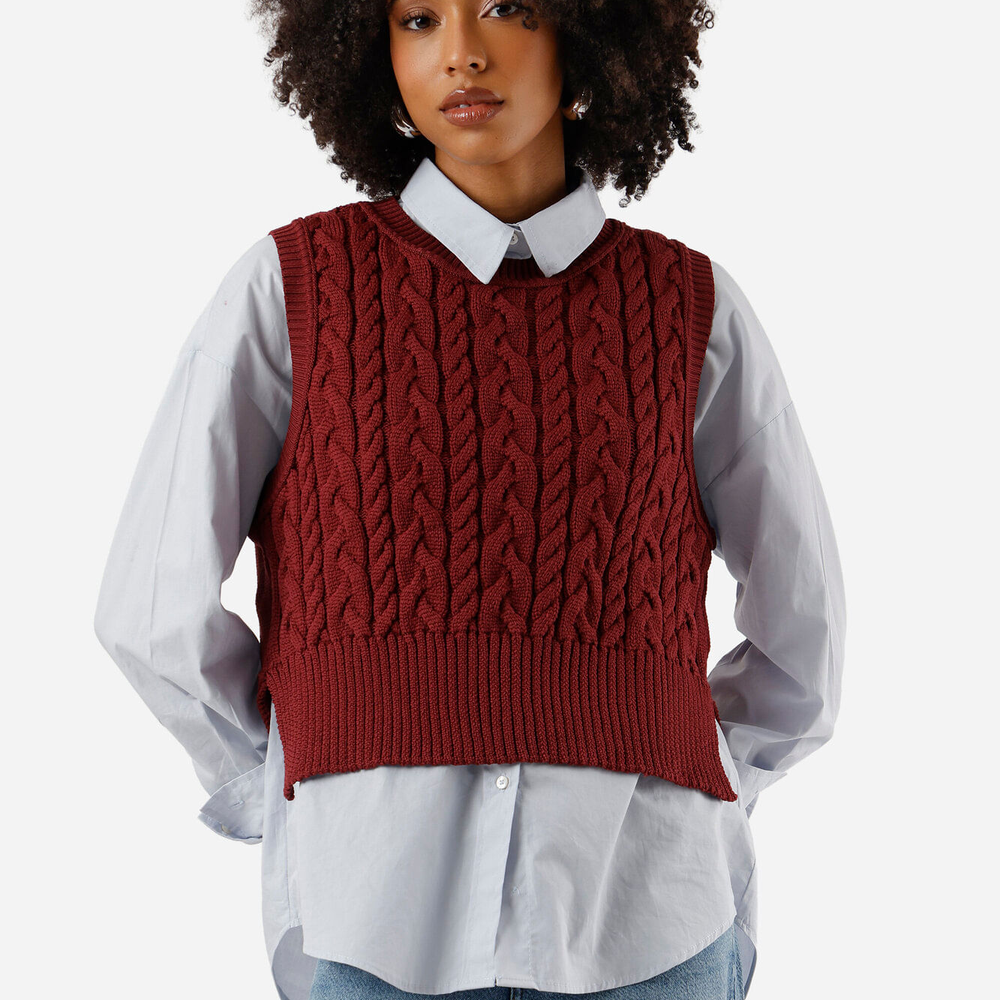 Colete feminino de tricot texturizado vinho Colete feminino de tricot texturizado vinho