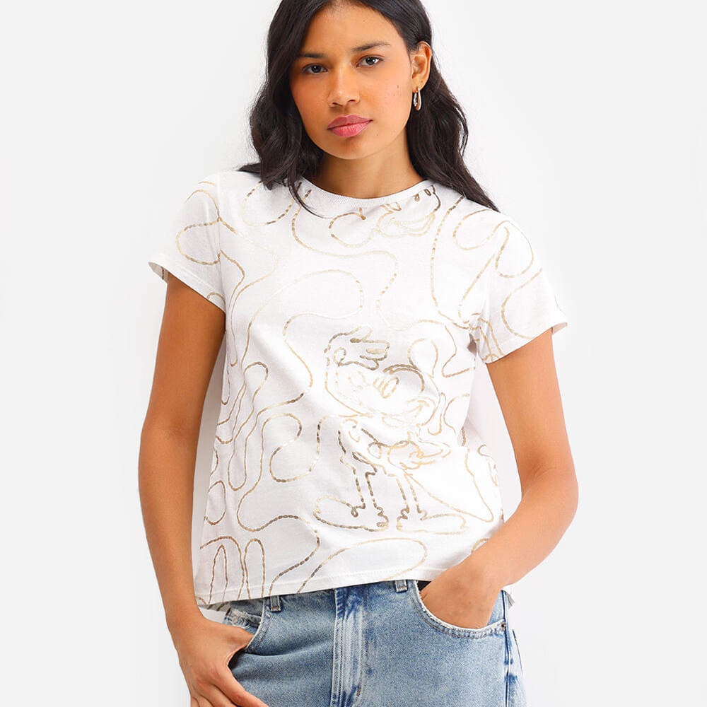 Camiseta feminina de algodão mickey metalizado off white Camiseta feminina de algodão mickey metalizado off white