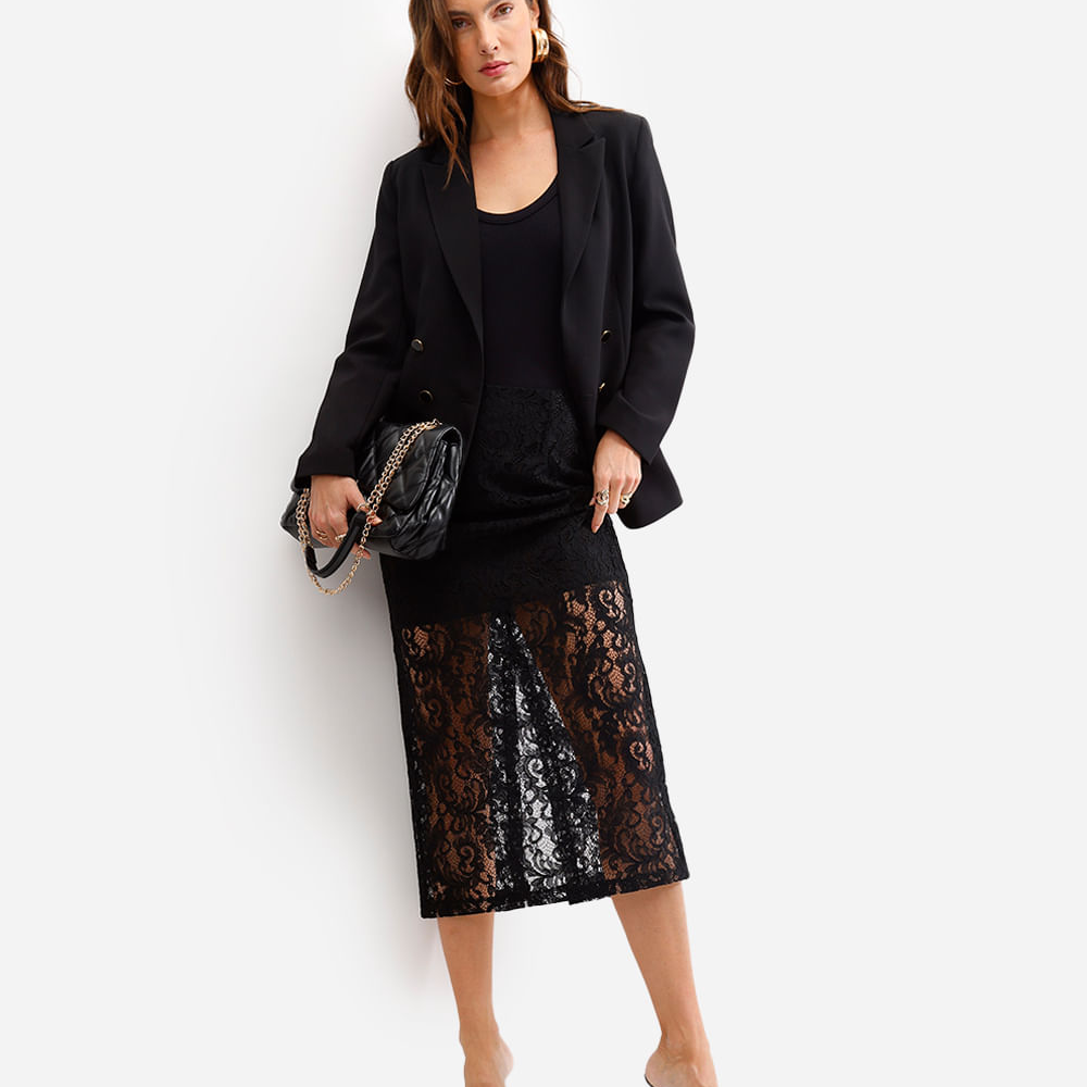 Saia midi feminina de renda floral com fenda preto Saia midi feminina de renda floral com fenda preto