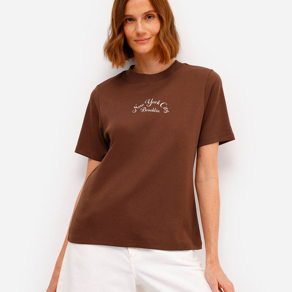 Camiseta feminina de algodão peruano estampada marrom Camiseta feminina de algodão peruano estampada marrom