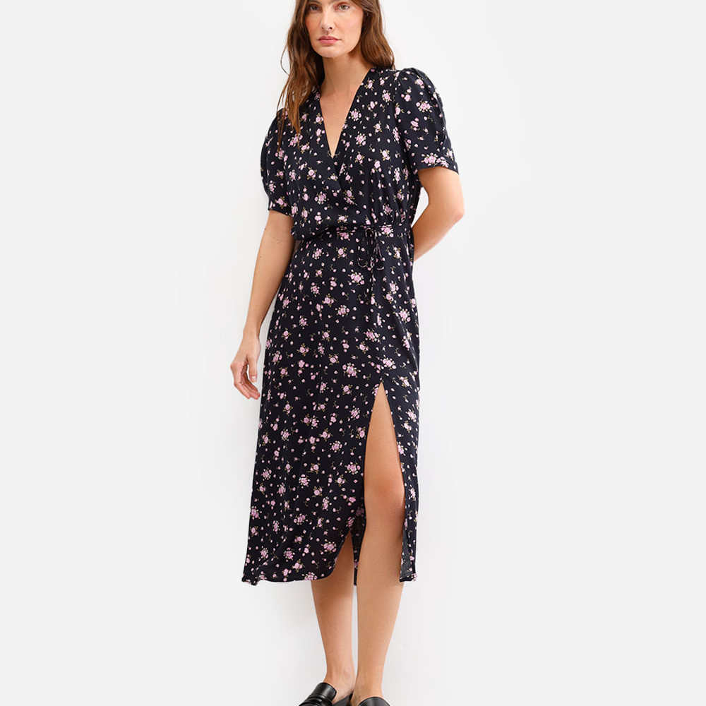Vestido midi feminino de viscose floral com fenda preto Vestido midi feminino de viscose floral com fenda preto