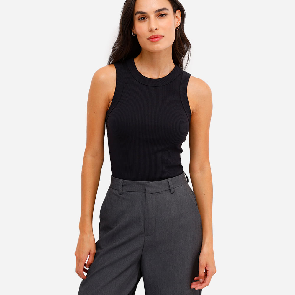 Regata básica feminina de algodão canelada preto Regata básica feminina de algodão canelada preto