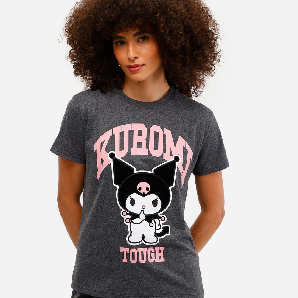 Camiseta feminina com algodão hello kitty texturizada cinza Camiseta feminina com algodão hello kitty texturizada cinza