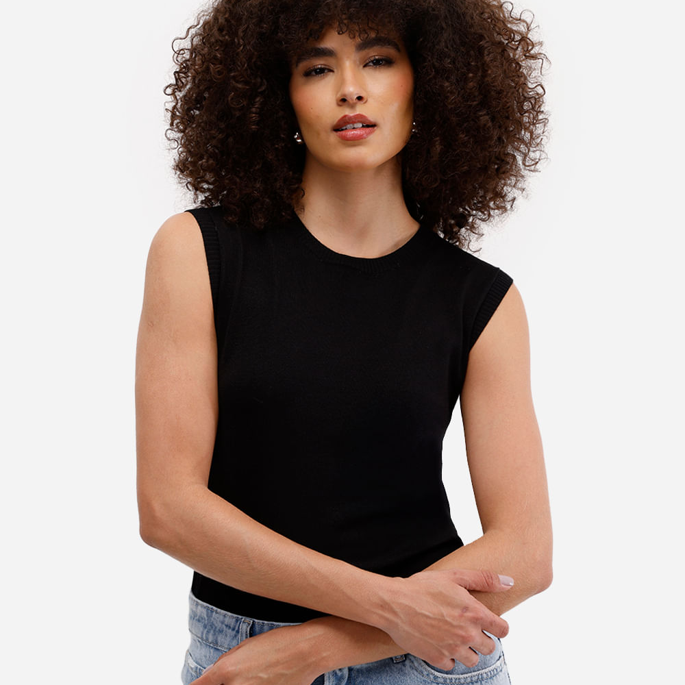 Colete básico feminino de tricot preto Colete básico feminino de tricot preto
