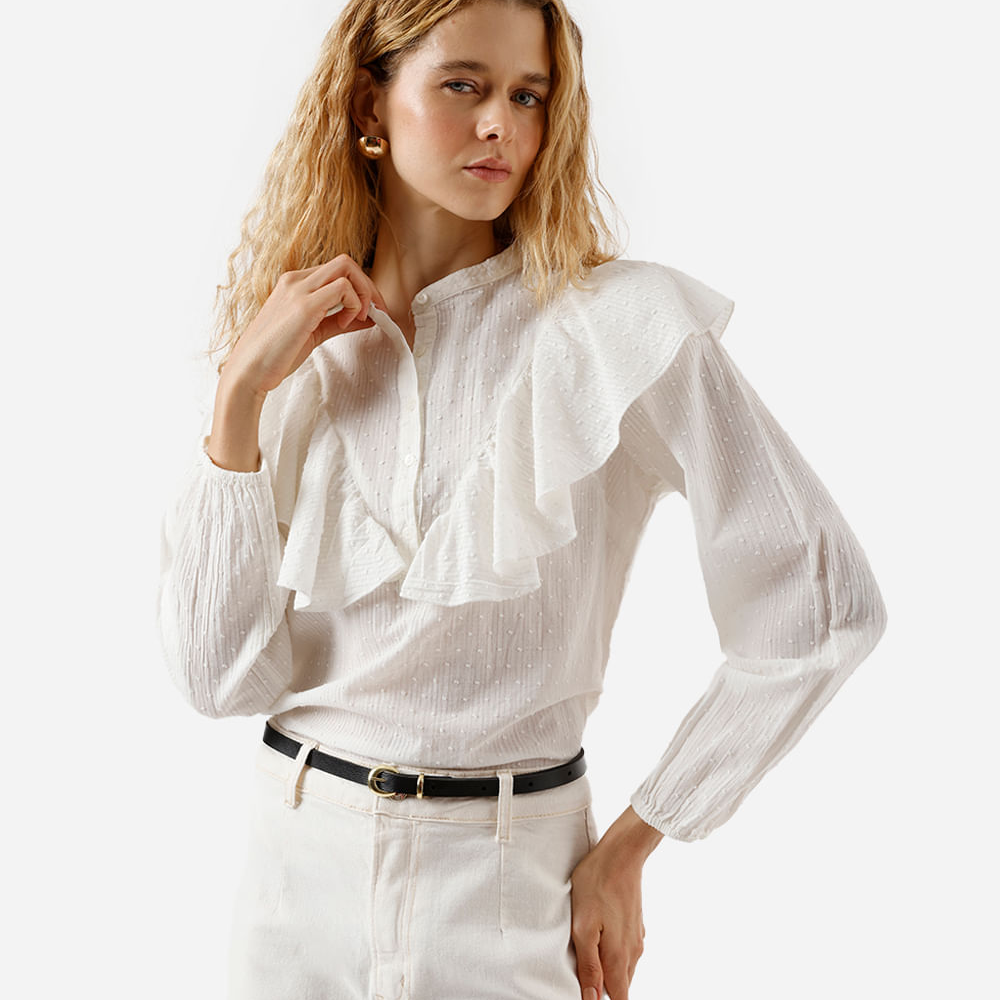 Blusa feminina de algodão com babado texturizada off white Blusa feminina de algodão com babado texturizada off white
