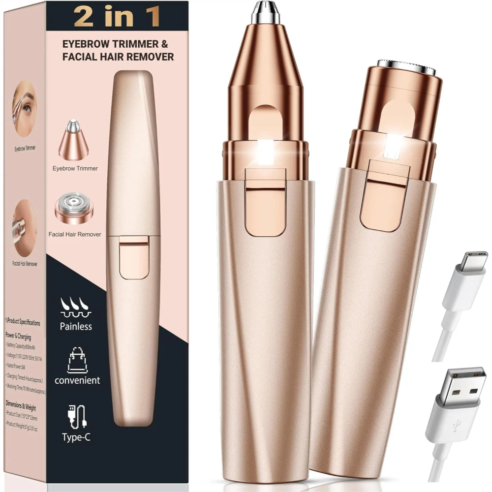 Eyebrow Trimmer Facial Hair Removal for Women: 2 in 1 Rechargeable Face Shaver and Eyebrow Razor, Painless Electric Hair Remover