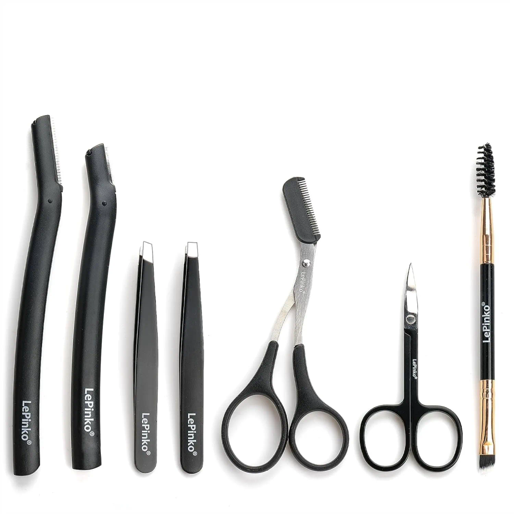 Eyebrow Trimmer Kit, 7 in 1 Eyebrow Scissors, Tweezers, Razor & Brush for Women Men - Black Eyebrow Trimmer Kit, 7 in 1 Eyebrow Scissors, Tweezers, Razor & Brush for Women Men - Black