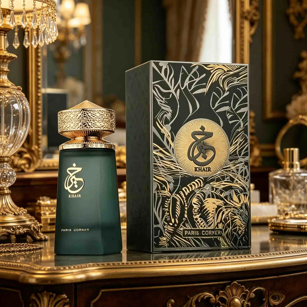Paris Corner Khair Felicity EDP | Clear gradient bottle with gold filigree cap, rich gourmand-floral notes, opulent vibe Paris Corner Khair Felicity EDP | Clear gradient bottle with gold filigree cap, rich gourmand-floral notes, opulent vibe
