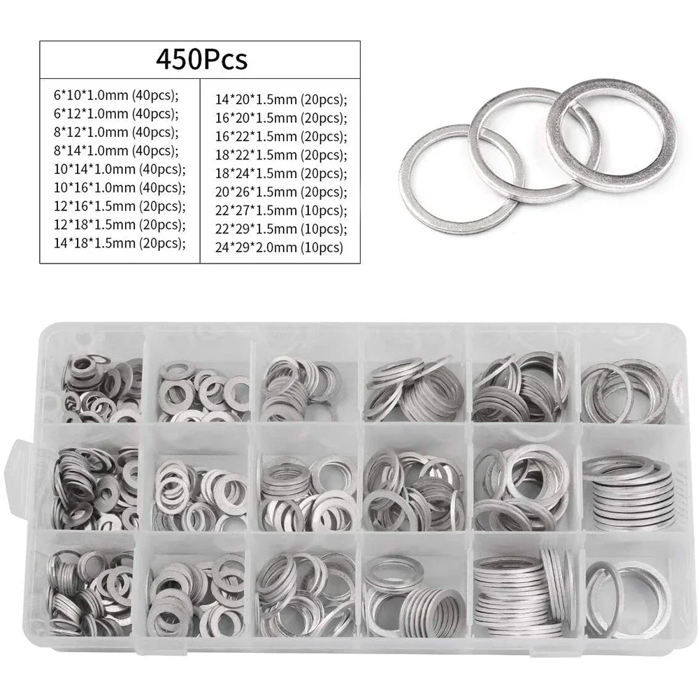 450 Piece Drain Plug Aluminum Washer Flat Gasket Seal Wear Assortment With Box Kit