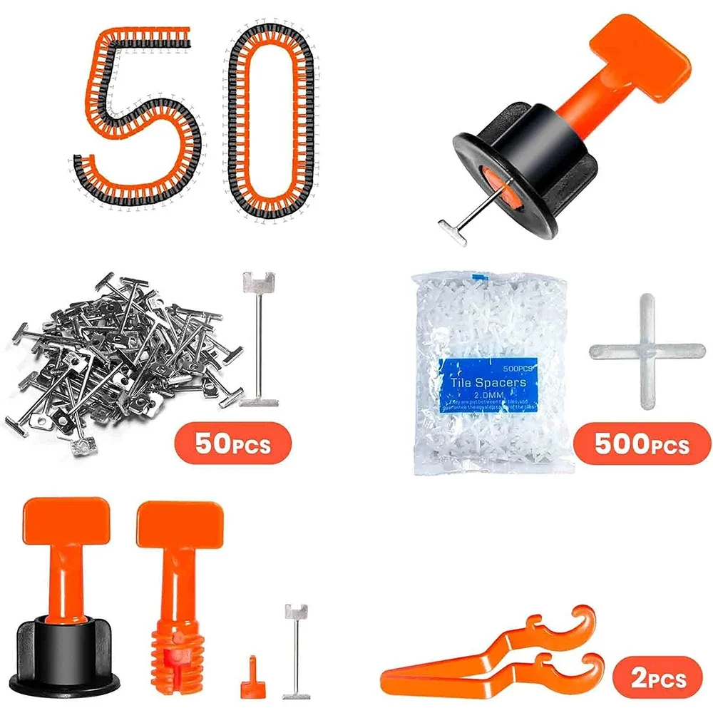 50pcs Reusable Tile Leveler Spacers+500pcs 1/12" Cross-shaped Tile Spacers+2pcs Wrench+50pcs 1/16" Replaceable Spare Steel T-Pin