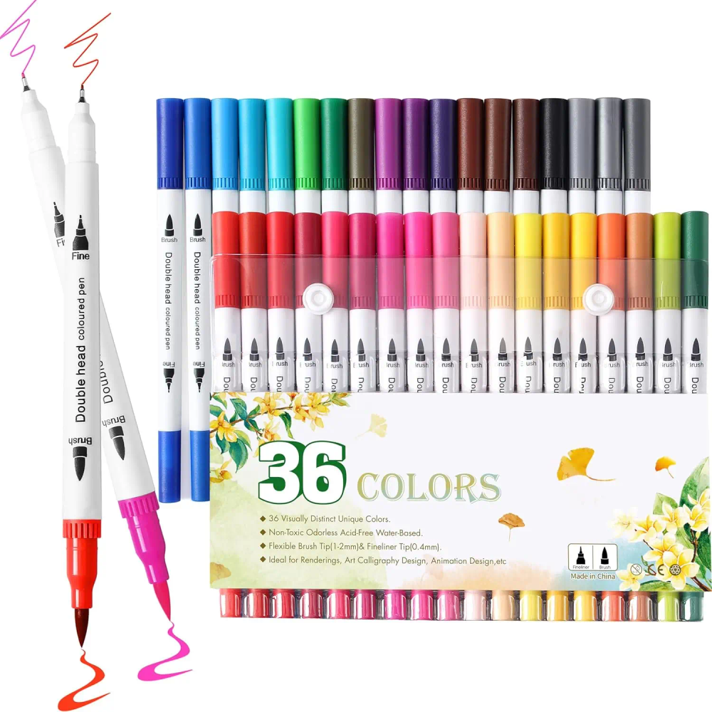 36 Dual Tip Brush Markers for Adult Coloring Books, Lettering & Drawing - Perfect for Journal Planner, Doodle Art & Teen Gifts 36 Dual Tip Brush Markers for Adult Coloring Books, Lettering & Drawing - Perfect for Journal Planner, Doodle Art & Teen Gifts