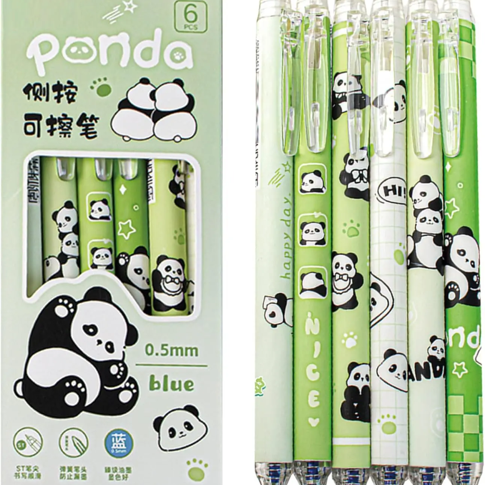 6 Cute Erasable Panda Pens, 0.5mm Blue Ink Retractable Gel Pens for School Office Supplies