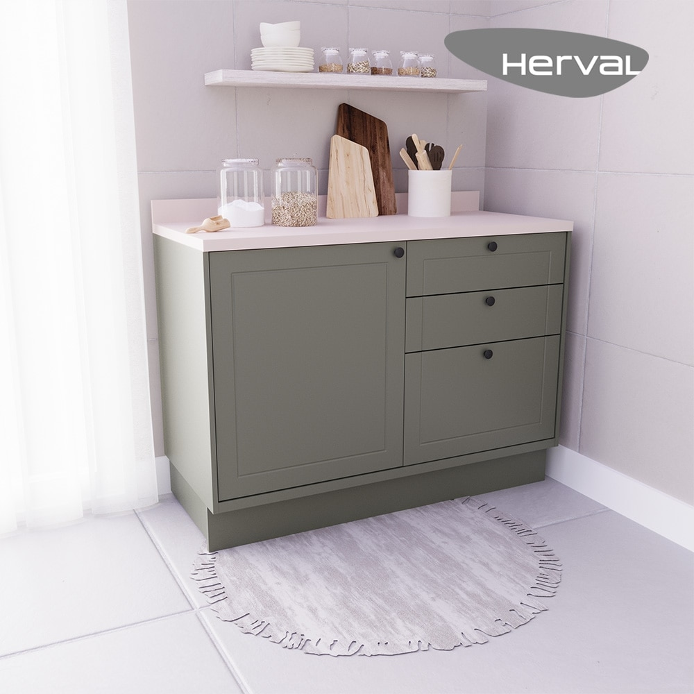 Balcão Cozinha MDF Herval Viana, 1 Porta e 3 gavetas, Verde Hill, com divisor de talheres, 120 cm Balcão Cozinha MDF Herval Viana, 1 Porta e 3 gavetas, Verde Hill, com divisor de talheres, 120 cm