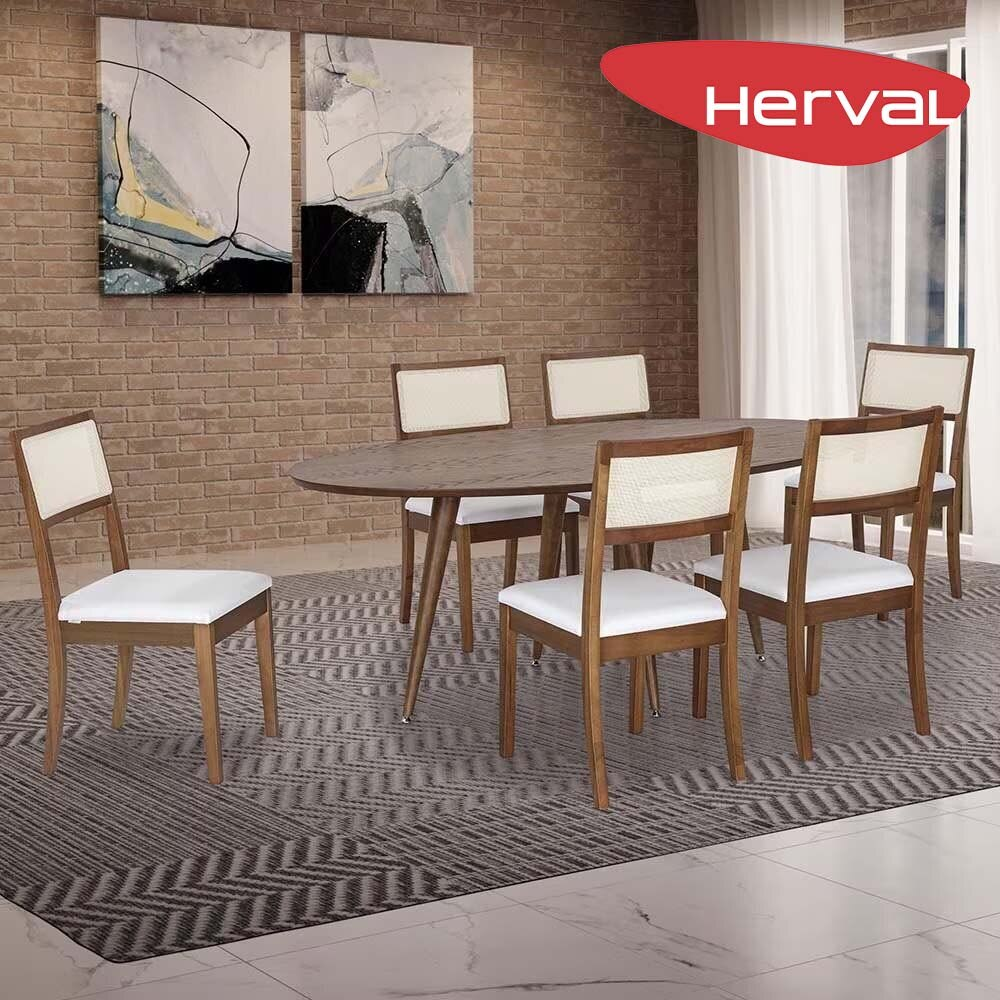 Mesa de Jantar 6 Cadeiras Herval Coimbra, Off White/Amêndoa, 190x110 cm Mesa de Jantar 6 Cadeiras Herval Coimbra, Off White/Amêndoa, 190x110 cm