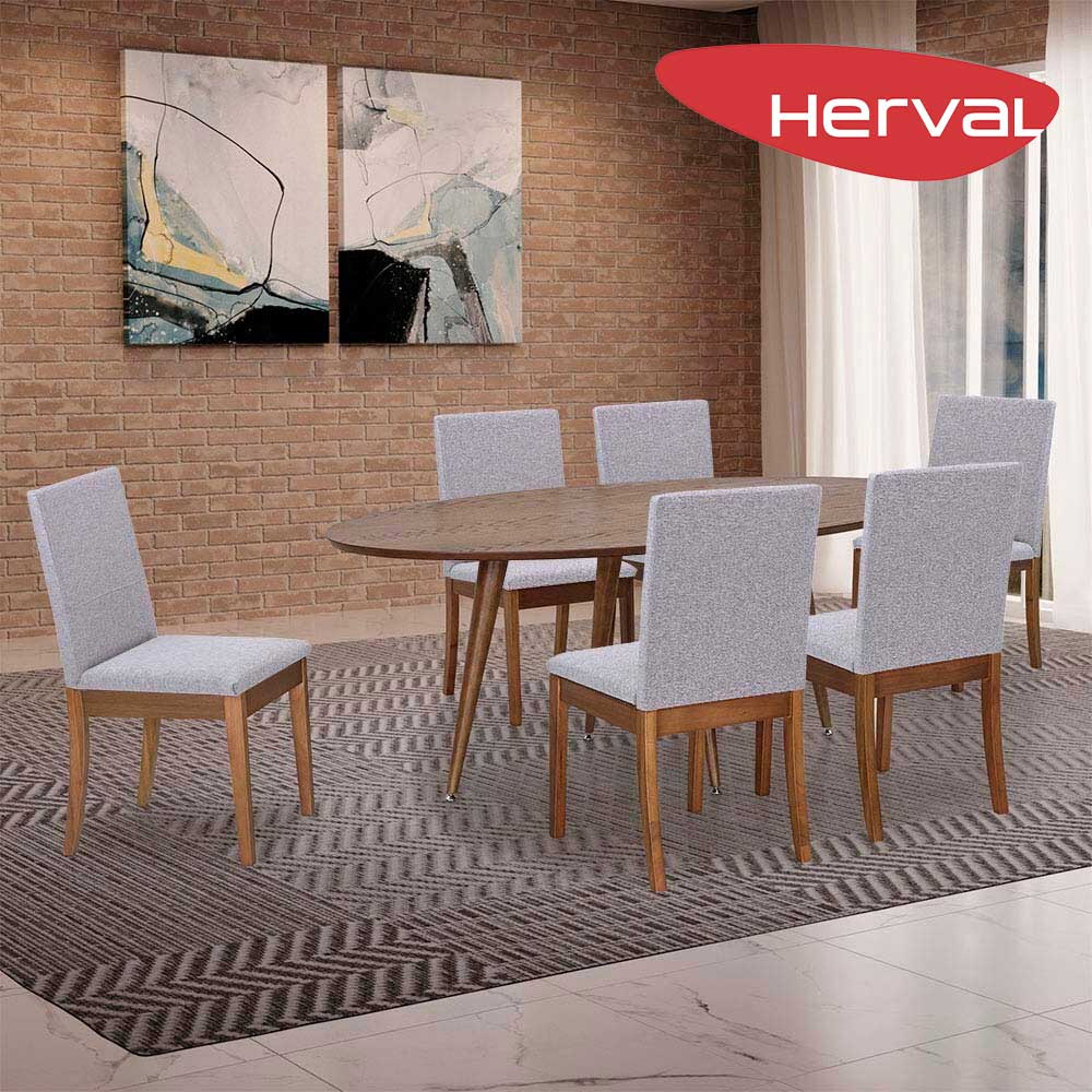 Mesa de Jantar 6 Cadeiras Herval Geneva, Bege Acinzentado/Amêndoa, 190x110 cm Mesa de Jantar 6 Cadeiras Herval Geneva, Bege Acinzentado/Amêndoa, 190x110 cm
