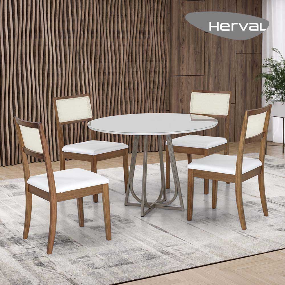 Mesa de Jantar com 4 Cadeiras Herval Coimbra, Off White/Amêndoa, 110 cm Mesa de Jantar com 4 Cadeiras Herval Coimbra, Off White/Amêndoa, 110 cm