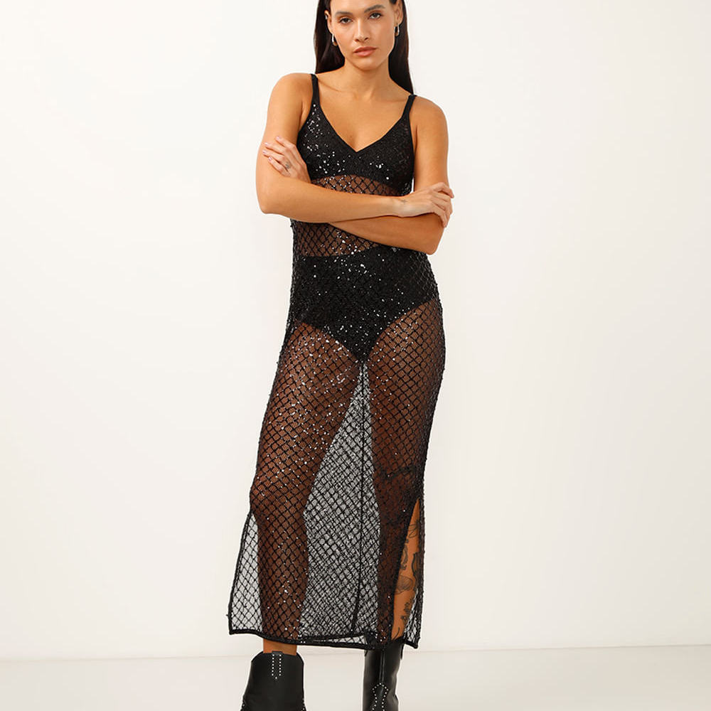 Vestido midi alça fina decote v com paête preto Vestido midi alça fina decote v com paête preto
