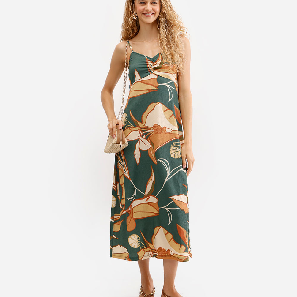 Vestido midi feminino animal floral texturizado verde Vestido midi feminino animal floral texturizado verde