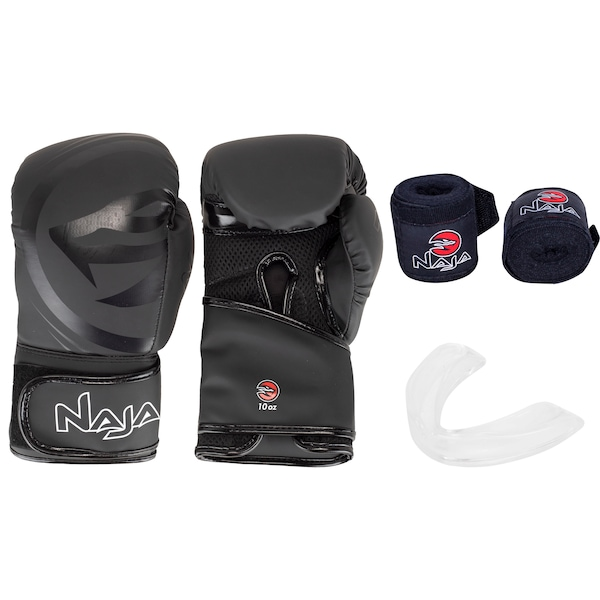 Kit de Boxe Naja: Bandagem + Protetor Bucal + Luvas de Boxe Black - 10 OZ - Adulto Kit de Boxe Naja: Bandagem + Protetor Bucal + Luvas de Boxe Black - 10 OZ - Adulto