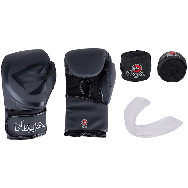 Kit de Boxe Naja: Bandagem + Protetor Bucal + Luvas de Boxe Black - 12 OZ - Adulto Kit de Boxe Naja: Bandagem + Protetor Bucal + Luvas de Boxe Black - 12 OZ - Adulto