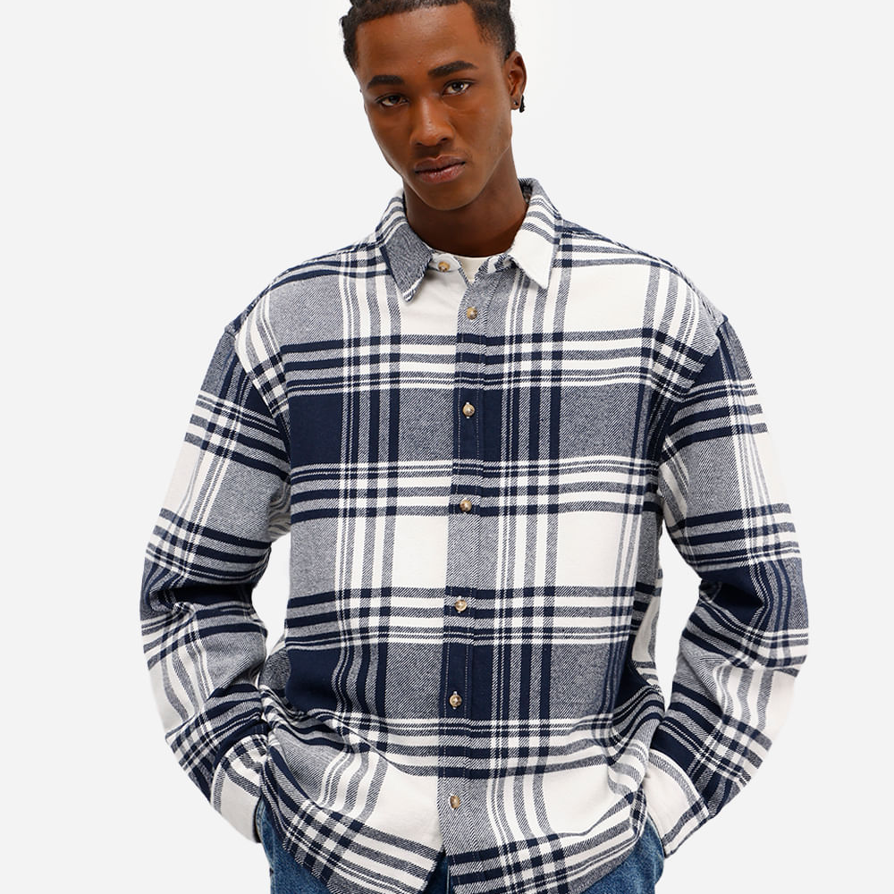 Camisa masculina de algodão manga longa xadrez azul Camisa masculina de algodão manga longa xadrez azul