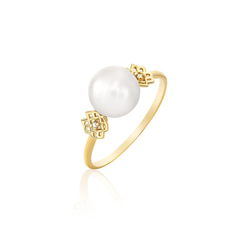 Anel em Ouro Amarelo com Diamante, Pérola Anel em Ouro Amarelo com Diamante, Pérola
