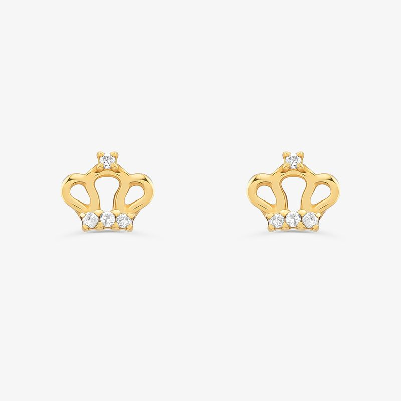 Brinco Infantil Coroa com 4 Pontos de Diamantes em Ouro Amarelo 18k Brinco Infantil Coroa com 4 Pontos de Diamantes em Ouro Amarelo 18k