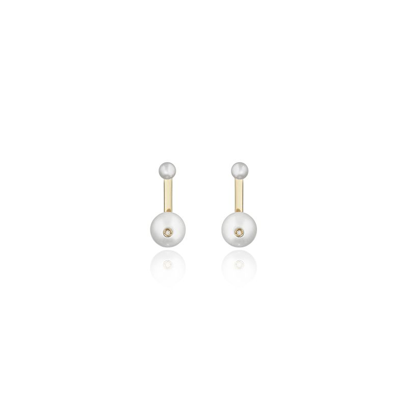 Brinco em Ouro Amarelo com Diamante, Pérola Brinco em Ouro Amarelo com Diamante, Pérola