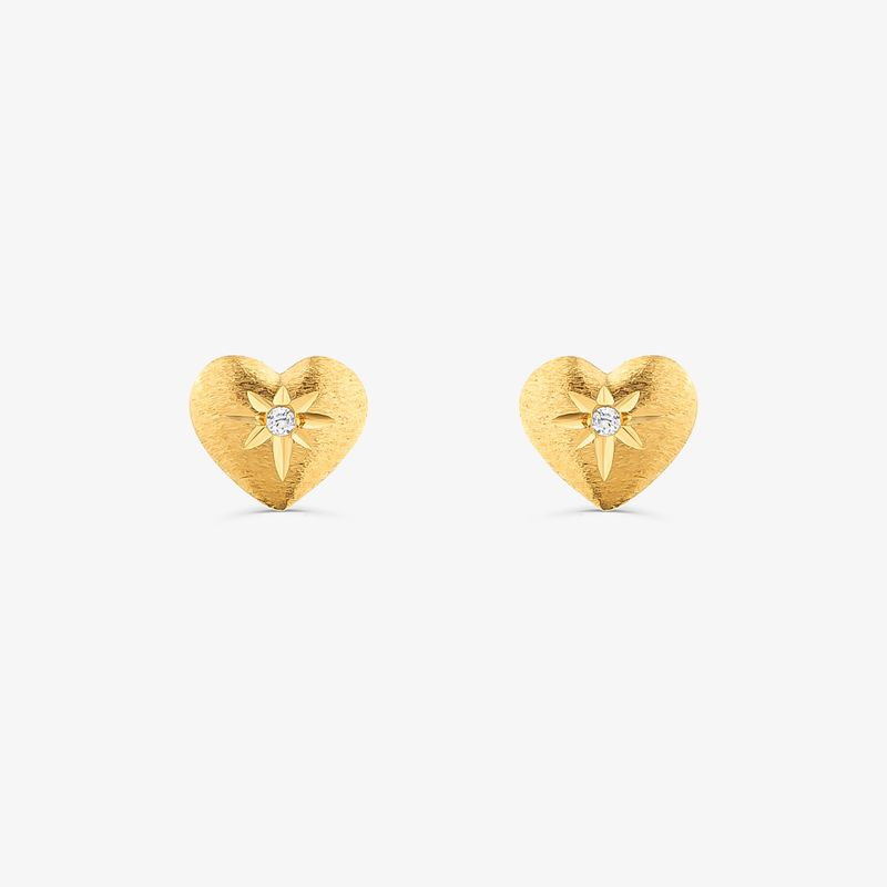 Brinco Coração com Diamante em Ouro Amarelo 18k Brinco Coração com Diamante em Ouro Amarelo 18k