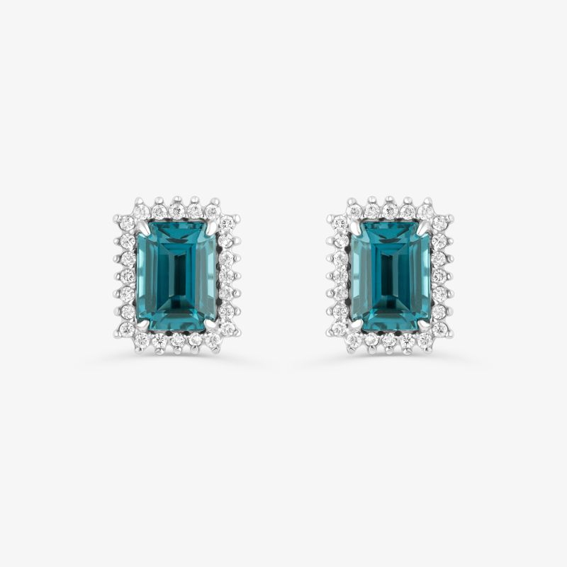 Brinco Stud com Topázio London e Diamantes em Ouro Branco 18k