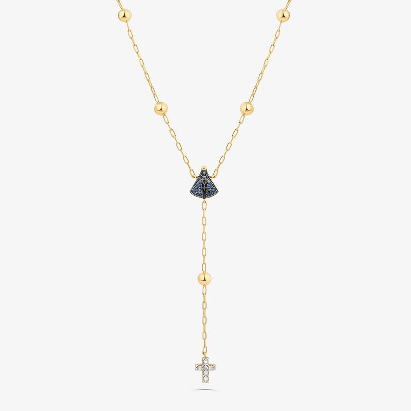 Colar Terço Nossa Senhora Aparecida com Safira e 3 Pontos de Diamantes em Ouro Amarelo 18k Colar Terço Nossa Senhora Aparecida com Safira e 3 Pontos de Diamantes em Ouro Amarelo 18k