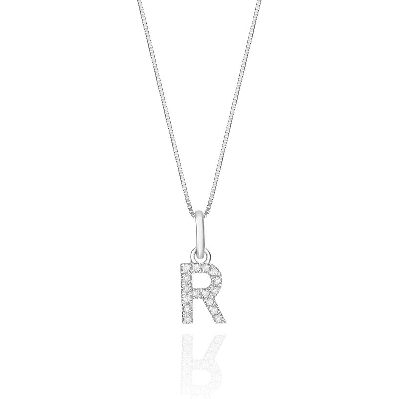 Pingente Letra R com Diamante em Ouro Branco 18k Pingente Letra R com Diamante em Ouro Branco 18k