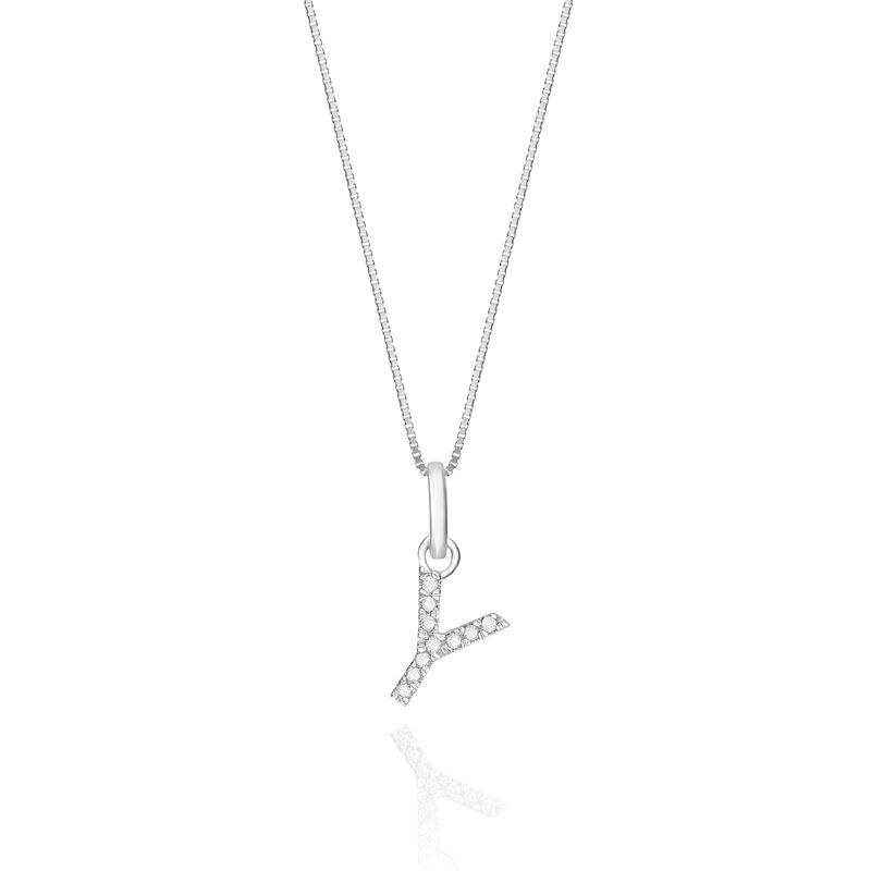 Pingente Letra Y com Diamante em Ouro Branco 18k Pingente Letra Y com Diamante em Ouro Branco 18k