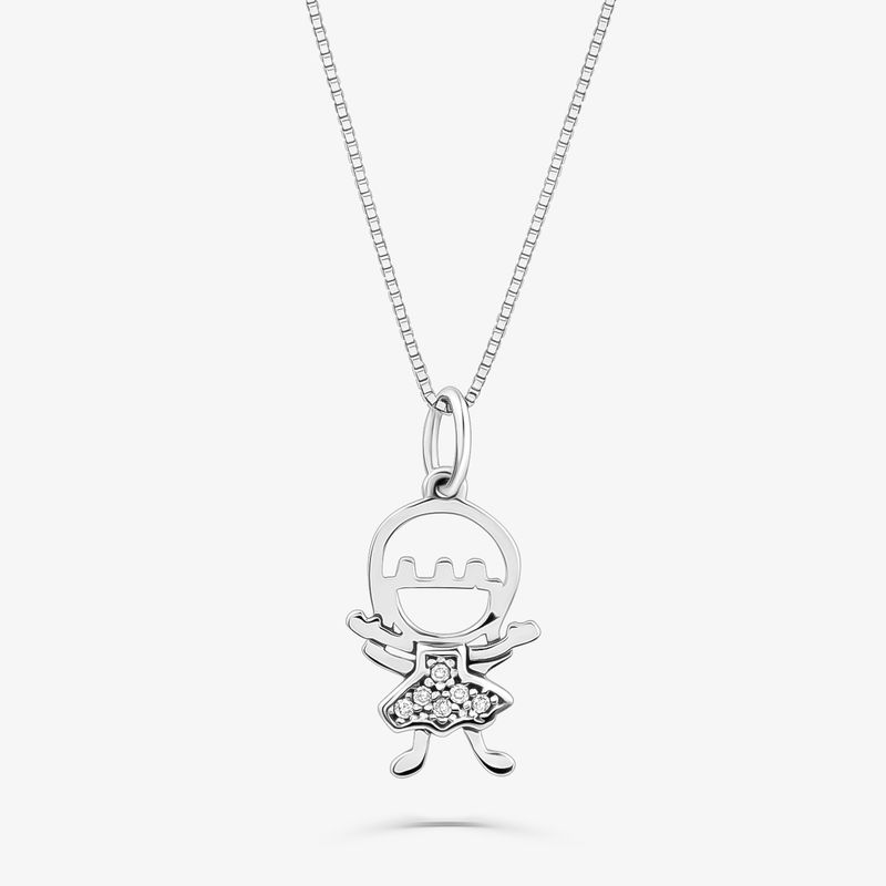 Pingente Menina com 3 Pontos de Diamantes em Ouro Branco 18k Pingente Menina com 3 Pontos de Diamantes em Ouro Branco 18k